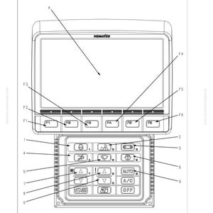 May include: Diagram of a machine monitor control panel with the Komatsu logo. The panel has a large screen at the top and several buttons and icons below, including climate control settings. Text includes "Special functions of machine monitor".