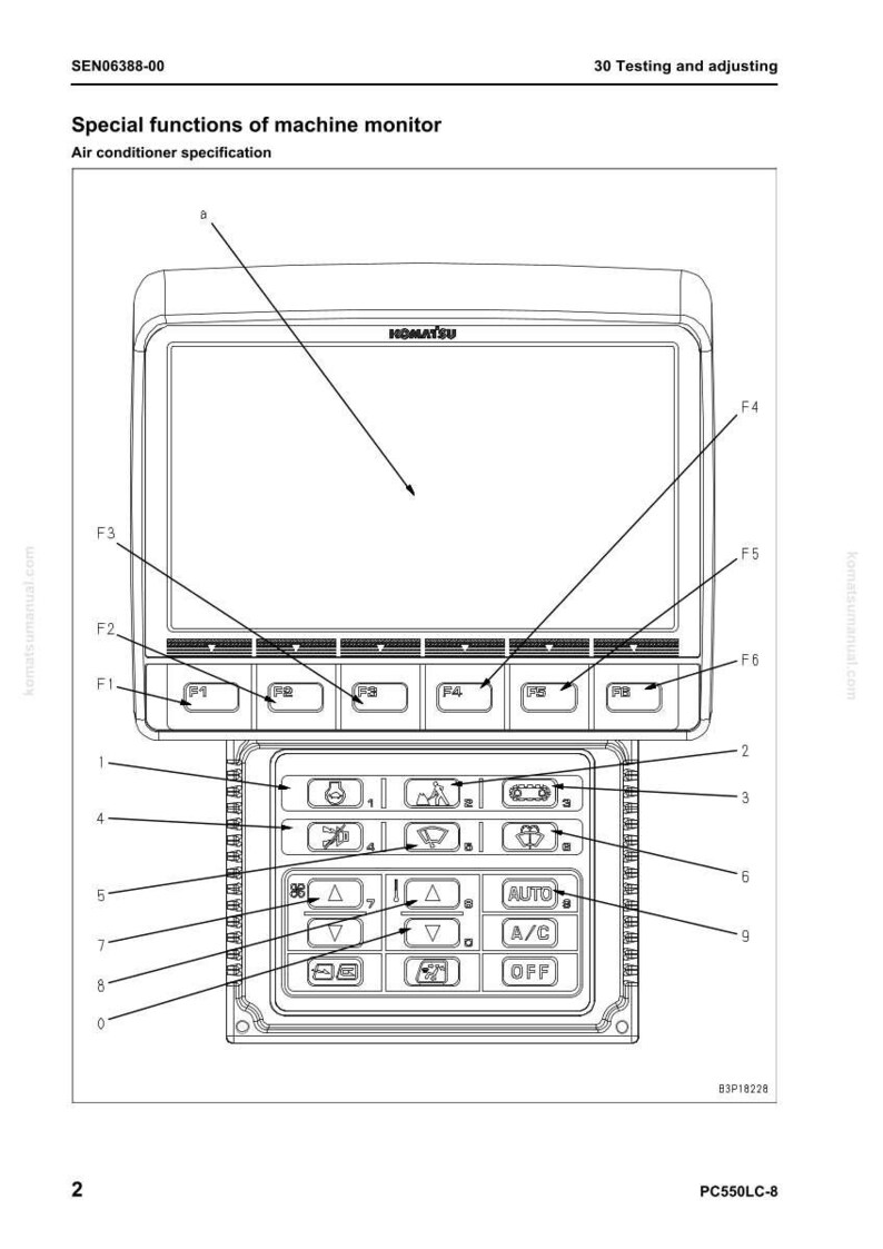 May include: Diagram of a machine monitor control panel with the Komatsu logo. The panel has a large screen at the top and several buttons and icons below, including climate control settings. Text includes "Special functions of machine monitor".