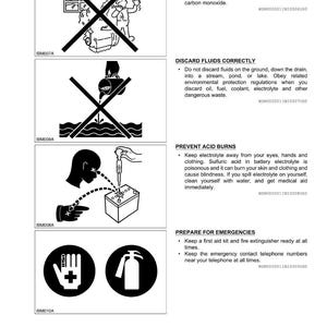 May include: A white page with safety instructions, featuring black and white illustrations and text. The page provides warnings about airflow, fluid disposal, acid burns, and emergency preparedness. The illustrations are in black and white.