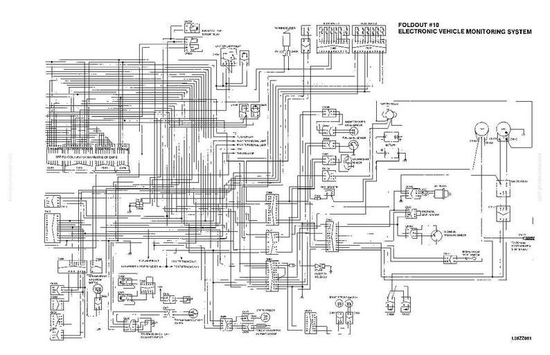 Peut inclure: Un sch&eacute;ma en noir et blanc d&eacute;taill&eacute; d'un syst&egrave;me de surveillance &eacute;lectronique de v&eacute;hicule. Le diagramme comprend de nombreuses lignes, symboles et &eacute;tiquettes de texte, avec le titre "FOLDOUT #10 ELECTRONIC VEHICLE MONITORING SYSTEM".