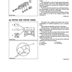 Puede incluir: Diagrama del cig&uuml;e&ntilde;al y los anillos de pist&oacute;n de un motor di&eacute;sel. El cig&uuml;e&ntilde;al se muestra con bielas y cojinetes. El diagrama del pist&oacute;n muestra el pist&oacute;n, el anillo superior, el segundo anillo, el anillo de aceite, la depresi&oacute;n y el rebaje de la v&aacute;lvula.