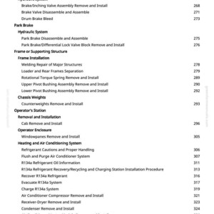 Puede incluir: Una p&aacute;gina de manual con una lista de procedimientos de reparaci&oacute;n automotriz, incluido el mantenimiento de frenos, sistemas hidr&aacute;ulicos y de aire acondicionado. El texto es negro sobre fondo blanco, con n&uacute;meros de p&aacute;gina a la derecha.
