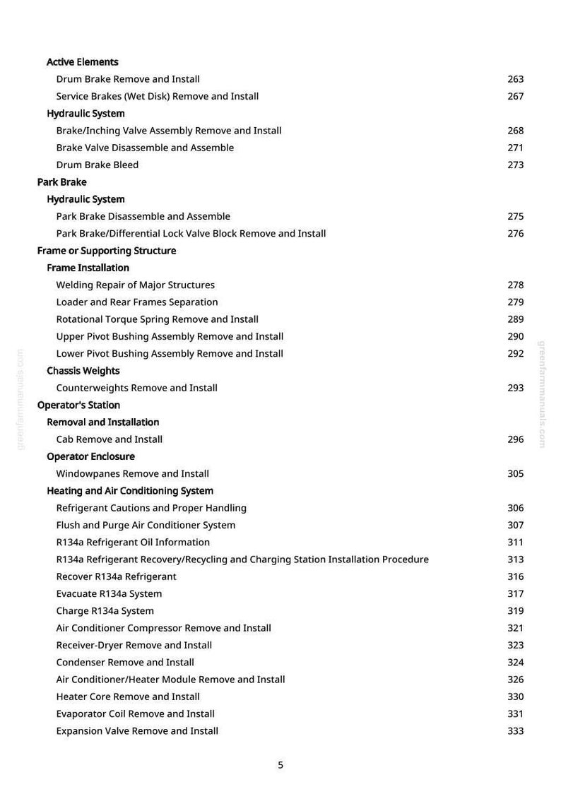 Puede incluir: Una p&aacute;gina de manual con una lista de procedimientos de reparaci&oacute;n automotriz, incluido el mantenimiento de frenos, sistemas hidr&aacute;ulicos y de aire acondicionado. El texto es negro sobre fondo blanco, con n&uacute;meros de p&aacute;gina a la derecha.