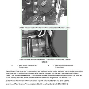 May include: Diagram of PowrReverser transmission identification, with labels A and B pointing to different serial number locations. Text includes model details and serial number breaks for early and later models.