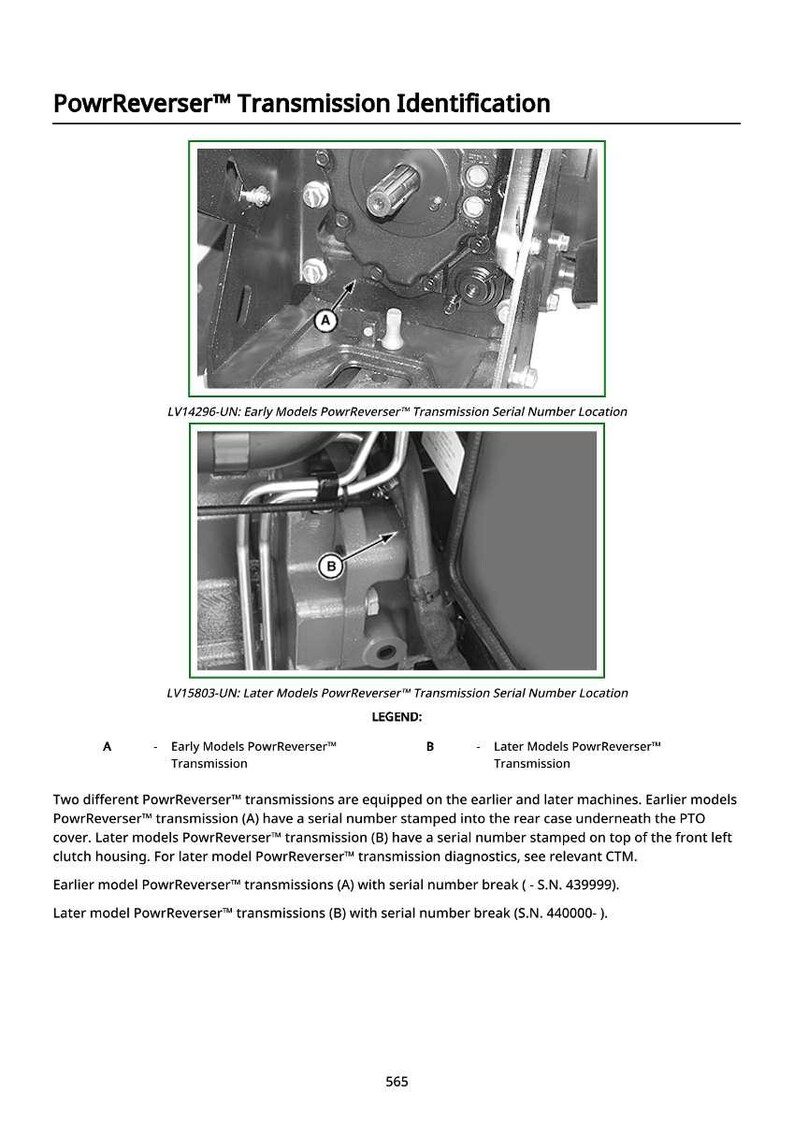 May include: Diagram of PowrReverser transmission identification, with labels A and B pointing to different serial number locations. Text includes model details and serial number breaks for early and later models.