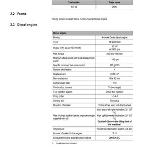 Puede incluir: Documento t&eacute;cnico con especificaciones de motor di&eacute;sel, incluyendo nombres de modelos, detalles del bastidor y caracter&iacute;sticas del motor. El documento enumera una potencia de 50 kW y utiliza medidas m&eacute;tricas.