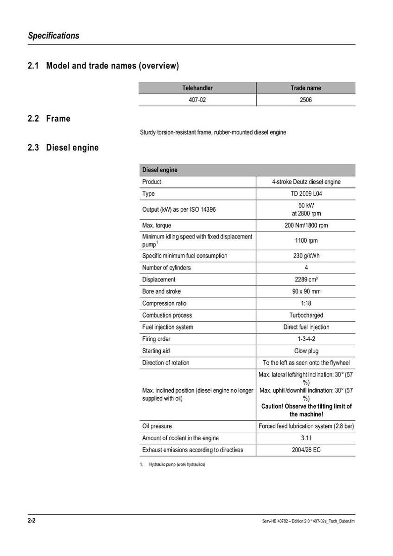 Puede incluir: Documento t&eacute;cnico con especificaciones de motor di&eacute;sel, incluyendo nombres de modelos, detalles del bastidor y caracter&iacute;sticas del motor. El documento enumera una potencia de 50 kW y utiliza medidas m&eacute;tricas.