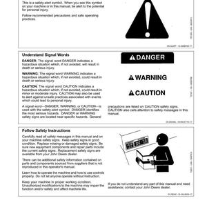 May include: A manual page detailing safety information, featuring a safety alert symbol and signal words such as 'DANGER', 'WARNING', and 'CAUTION'. The page has black text and graphics on a white background, with instructions.