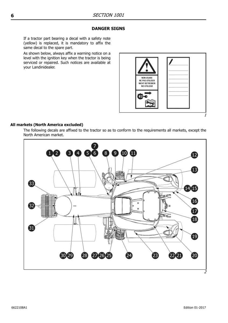 May include: Diagram of a tractor with numbered parts, including a warning sign with text in multiple languages. The image includes a section titled "Danger Signs" and instructions for replacing decals.