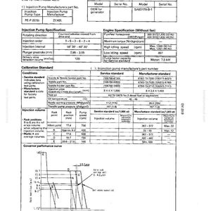 May include: Technical diagram of an injection pump assembly, including specifications for the engine and pump. Features tables with model numbers, serial numbers, and calibration standards. Includes a governor performance curve.