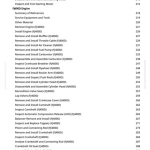 May include: A manual page detailing FJ400D engine repair procedures. The list includes tasks like removing and installing components such as the muffler and fuel pump, with corresponding page numbers for reference.