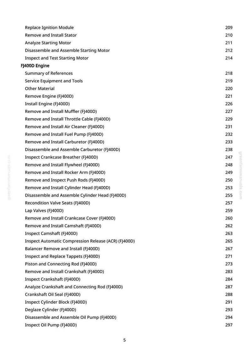 May include: A manual page detailing FJ400D engine repair procedures. The list includes tasks like removing and installing components such as the muffler and fuel pump, with corresponding page numbers for reference.