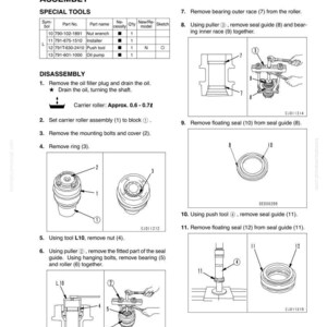 Puede incluir: Diagrama de desmontaje y montaje de un conjunto de rodillos portadores. Incluye ilustraciones de herramientas especiales como una llave de tuercas, un instalador, un empujador y una bomba de aceite. Instrucciones paso a paso con diagramas.
