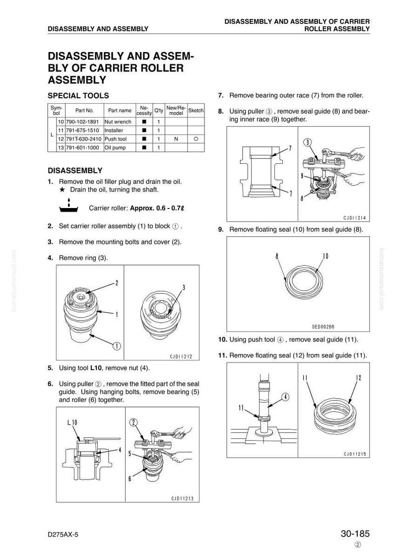 Puede incluir: Diagrama de desmontaje y montaje de un conjunto de rodillos portadores. Incluye ilustraciones de herramientas especiales como una llave de tuercas, un instalador, un empujador y una bomba de aceite. Instrucciones paso a paso con diagramas.