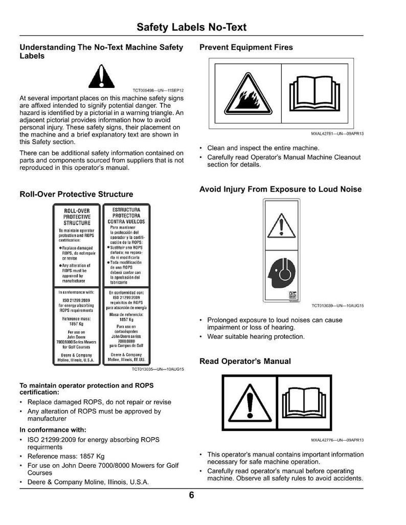 K&ouml;nnte beinhalten: Eine Seite aus einem Handbuch mit Sicherheitshinweisen und Anweisungen. Die Etiketten enthalten Warnsymbole, wie ein Dreieck mit einem Ausrufezeichen, und Text zur Verhinderung von Br&auml;nden und zur Vermeidung von L&auml;rm. Das Handbuch enth&auml;lt auch Informationen zu &Uuml;berrollschutzstrukturen.
