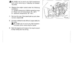 Op de afbeelding: Pagina uit een handleiding getiteld "Motortoerental meten". De tekst bevat instructies voor het meten van het motortoerental, koelvloeistof- en olietemperatuurbereiken en het aansluiten van adapters. Er wordt ook een diagram van een motoronderdeel getoond.