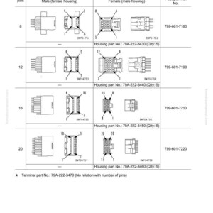 May include: A technical diagram showing connection tables for AMP040 type connectors. The diagram includes illustrations of male and female housings with pin numbers for 8, 12, 16, and 20 pins, along with T-adapter part numbers.