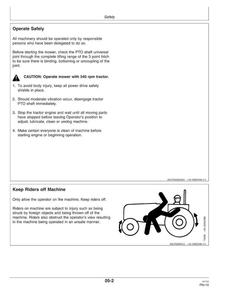 Pode incluir: Uma p&aacute;gina do manual de seguran&ccedil;a com os t&iacute;tulos "Operar com seguran&ccedil;a" e "Manter os passageiros fora da m&aacute;quina". A p&aacute;gina inclui instru&ccedil;&otilde;es de seguran&ccedil;a e um diagrama de um trator com uma pessoa caindo. O texto adverte sobre poss&iacute;veis les&otilde;es.