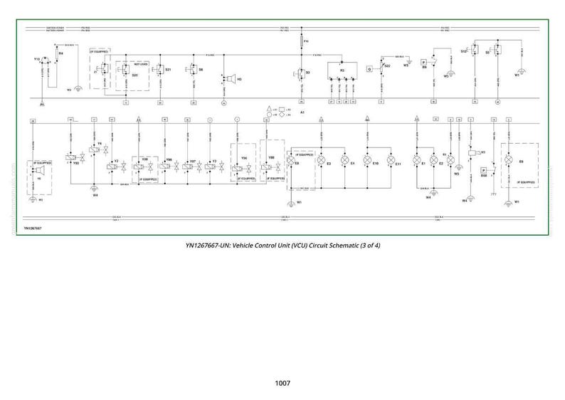 May include: A detailed schematic diagram of a vehicle's Vehicle Control Unit (VCU) circuit. The diagram is labelled "YN1267667-UN: Vehicle Control Unit (VCU) Circuit Schematic (3 of 4)" and includes various electrical symbols and components.