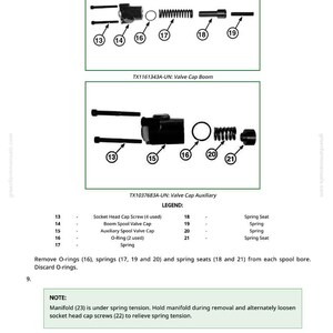 May include: Technical diagram showing valve cap components, such as screws, springs, and O-rings. Two diagrams are presented, labeled TX1161343A-UN and TX1037683A-UN, with a legend detailing each part. Instructions are included.