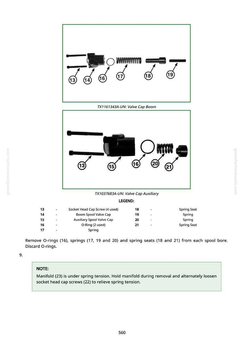 May include: Technical diagram showing valve cap components, such as screws, springs, and O-rings. Two diagrams are presented, labeled TX1161343A-UN and TX1037683A-UN, with a legend detailing each part. Instructions are included.