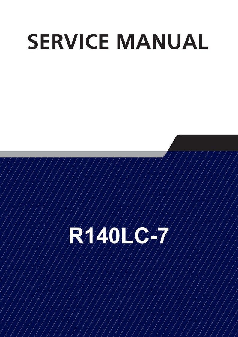 Puede incluir: Un manual de servicio con el texto "SERVICE MANUAL" en negro en la parte superior. La secci&oacute;n inferior es azul oscuro con l&iacute;neas diagonales blancas y el texto "R140LC-7". Una barra horizontal negra y gris separa las dos secciones.