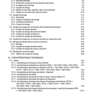 May include: A detailed table of contents in French, titled "TABLE DES MATI&Egrave;RES," lists technical specifications and introductory sections. The document covers topics like safety notes, tightening torques, and engine characteristics. The page numbers are on the right.