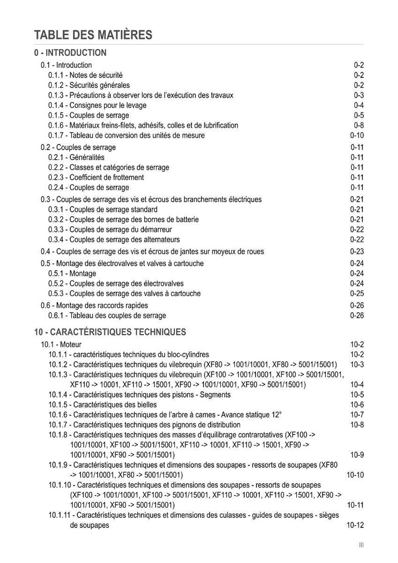 May include: A detailed table of contents in French, titled "TABLE DES MATI&Egrave;RES," lists technical specifications and introductory sections. The document covers topics like safety notes, tightening torques, and engine characteristics. The page numbers are on the right.
