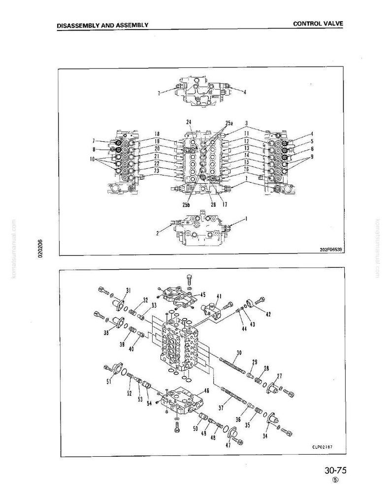 May include: Diagram of a control valve assembly, labeled "DISASSEMBLY AND ASSEMBLY." The image shows detailed schematics of various valve components, including bolts, cylinders, and connecting parts, with numbered labels for each part.