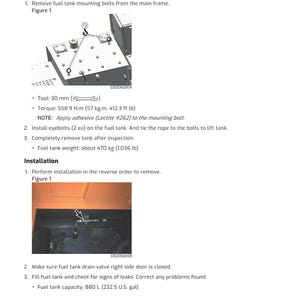 May include: Diagram of fuel tank assembly with instructions for removal and installation. Includes torque specifications in foot-pounds and Newton-meters, and fuel tank capacity in U.S. gallons and liters. The image shows detailed steps.