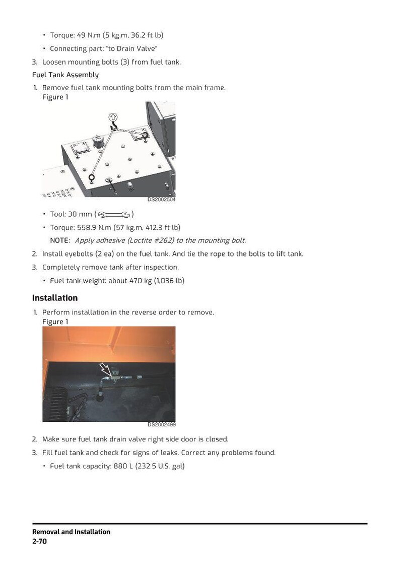 May include: Diagram of fuel tank assembly with instructions for removal and installation. Includes torque specifications in foot-pounds and Newton-meters, and fuel tank capacity in U.S. gallons and liters. The image shows detailed steps.