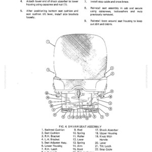 May include: Diagram of a driver seat assembly, labeled with numbered parts. The diagram includes a backrest cushion, seat cushion, brackets, springs, levers, and a shock absorber. The text also includes instructions for assembly.