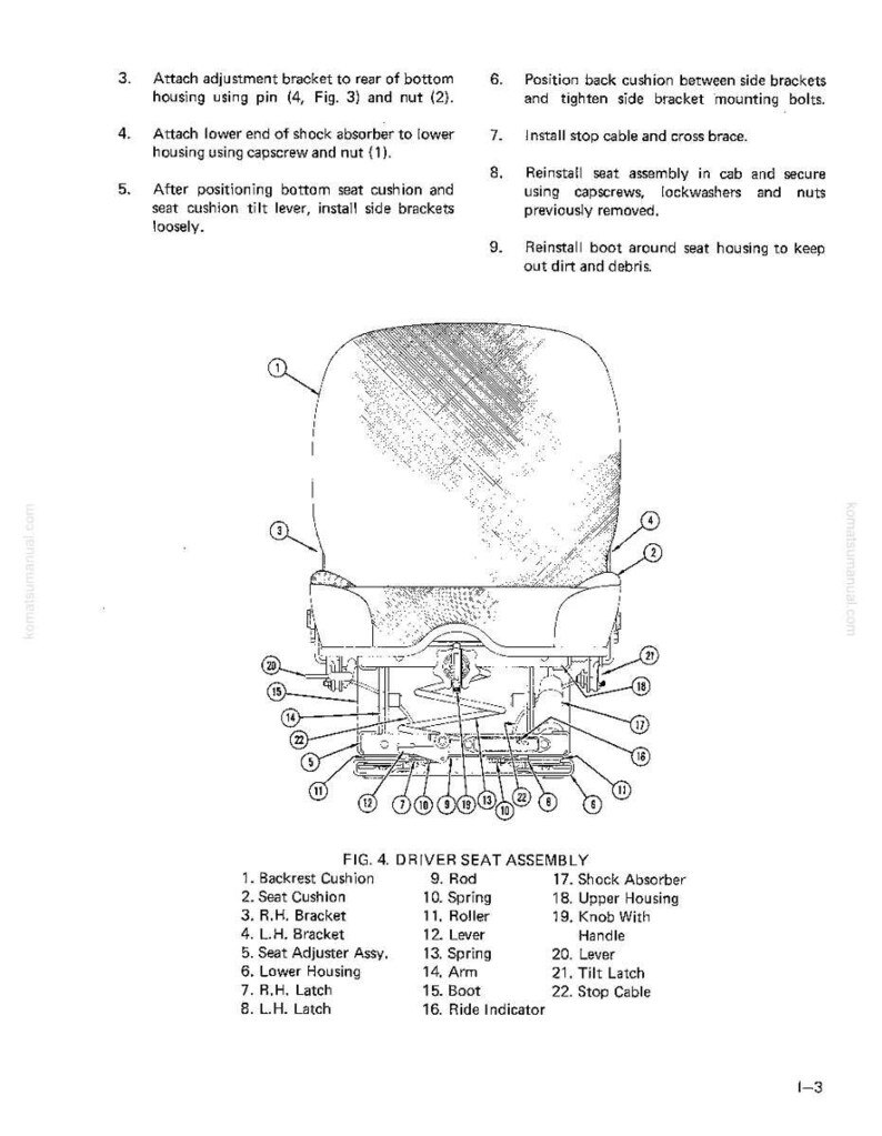 May include: Diagram of a driver seat assembly, labeled with numbered parts. The diagram includes a backrest cushion, seat cushion, brackets, springs, levers, and a shock absorber. The text also includes instructions for assembly.