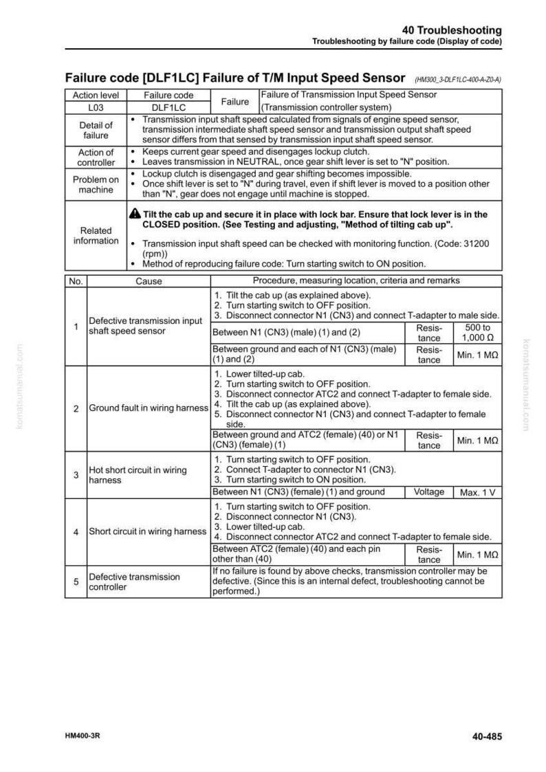 May include: A troubleshooting guide for a T/M Input Speed Sensor, displaying failure codes and diagnostic procedures. The document includes detailed instructions for checking wiring harnesses and connectors, with resistance and voltage specifications. The guide is for a specific machine model.