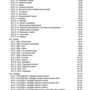 K&ouml;nnte beinhalten: Eine detaillierte italienische Indexseite mit einer Liste von elektrischen und elektronischen Komponenten, Systemen und Verkabelungen. Der Text ist in nummerierten Abschnitten mit Seitenverweisen organisiert. Das Dokument ist auf wei&szlig;em Papier gedruckt.