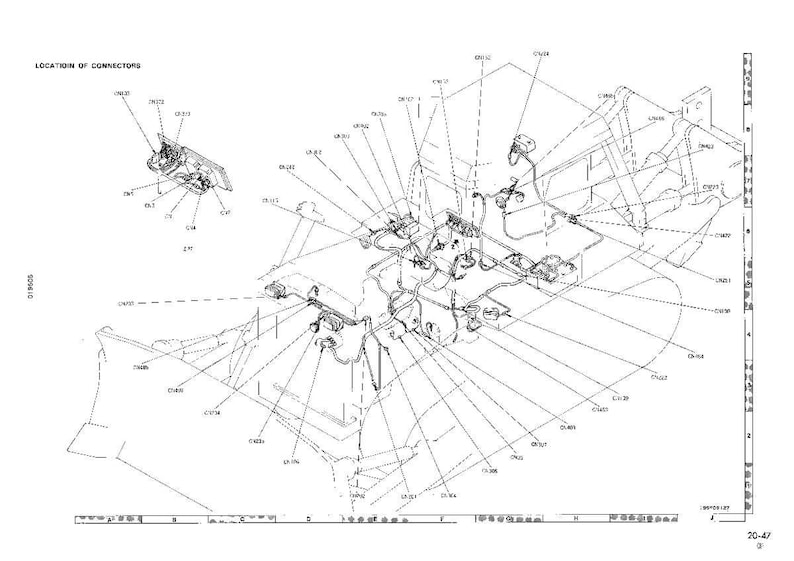 May include: An engineering diagram showing the location of connectors. The image is a black and white line drawing of a vehicle's internal components, including wiring harnesses, connectors, and other electrical parts. Text includes "LOCATION OF CONNECTORS".