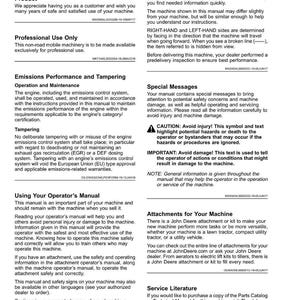 May include: A manual titled "Introduction" with text about John Deere products, professional use, emissions, and operator instructions. Includes safety warnings and information on attachments and service literature.