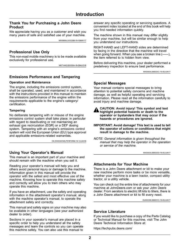May include: A manual titled "Introduction" with text about John Deere products, professional use, emissions, and operator instructions. Includes safety warnings and information on attachments and service literature.