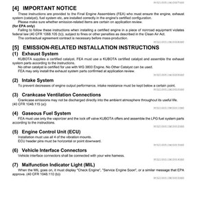 May include: A white document with black text detailing engine installation instructions, including vapor hose length (700 mm / 27.6 in), important notices, and emission-related installation instructions. Sections cover exhaust, intake, crankcase ventilation, and fuel systems.