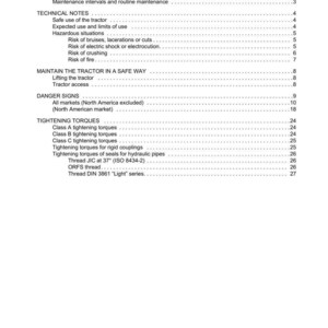 May include: A page from a manual with the title "CONTENTS" and the Argo Tractors logo. The table of contents lists topics such as "Tightening Torques" and "Danger Signs". The document is printed in black text on a white background.