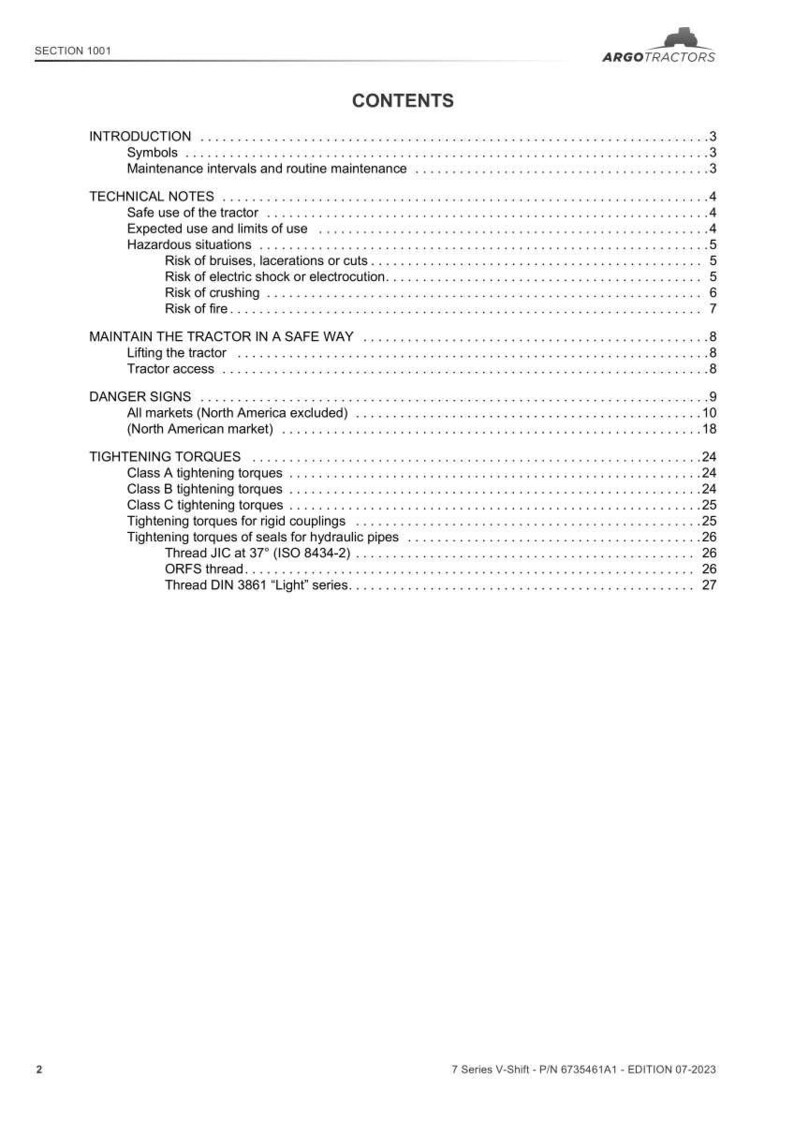 May include: A page from a manual with the title "CONTENTS" and the Argo Tractors logo. The table of contents lists topics such as "Tightening Torques" and "Danger Signs". The document is printed in black text on a white background.
