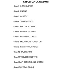 May include: A white page with the title "TABLE OF CONTENTS" and a list of chapters including "INTRODUCTION", "ENGINE", "CLUTCH", "TRANSMISSION", and "SPECIAL TOOLS". The page has a logo in the upper left corner.