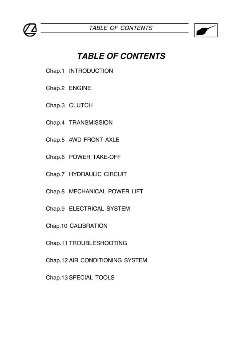 May include: A white page with the title "TABLE OF CONTENTS" and a list of chapters including "INTRODUCTION", "ENGINE", "CLUTCH", "TRANSMISSION", and "SPECIAL TOOLS". The page has a logo in the upper left corner.