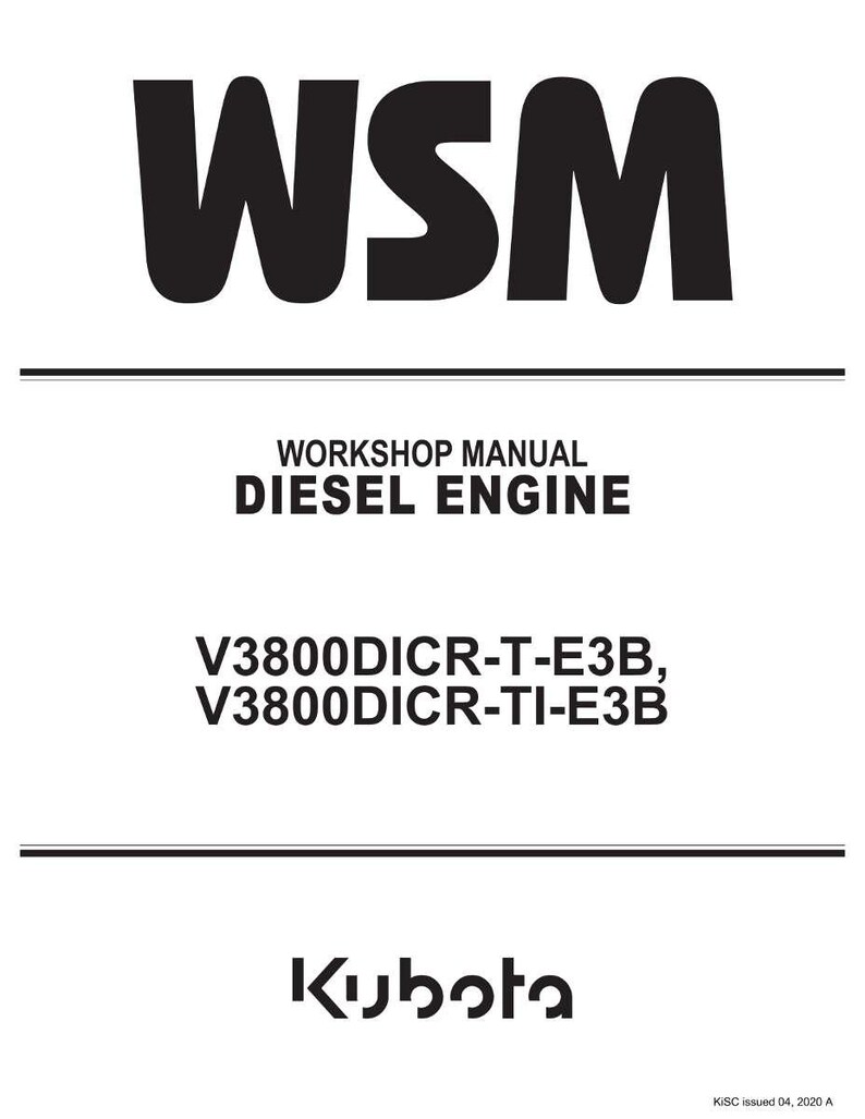K&ouml;nnte beinhalten: Eine wei&szlig;e Seite mit schwarzem Text. Oben auf der Seite steht "WSM". Darunter steht "WORKSHOP MANUAL DIESEL ENGINE". Weiter unten steht "V3800DICR-T-E3B, V3800DICR-TI-E3B". Das Kubota-Logo befindet sich unten.