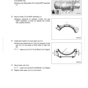 K&ouml;nnte beinhalten: Diagramm zur Demontage und Montage einer KDPF-Baugruppe. Die Anweisungen beschreiben die Schritte zur Installation von Komponenten wie U-Bolzen, Unterlegscheiben und Muttern, mit Messungen in Newtonmetern und Kilogramm.