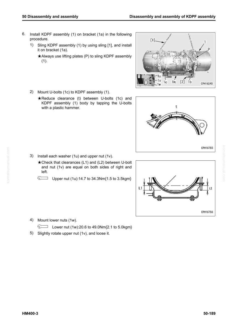 K&ouml;nnte beinhalten: Diagramm zur Demontage und Montage einer KDPF-Baugruppe. Die Anweisungen beschreiben die Schritte zur Installation von Komponenten wie U-Bolzen, Unterlegscheiben und Muttern, mit Messungen in Newtonmetern und Kilogramm.