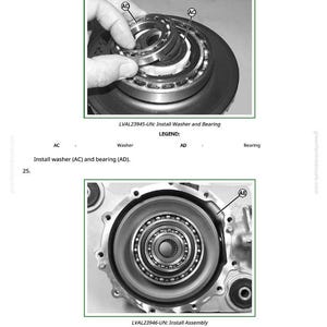 May include: Diagram showing mechanical components, including a washer and bearing assembly, and an install assembly. The image includes text labels and instructions for installation. The components are shown in a grayscale colour scheme.