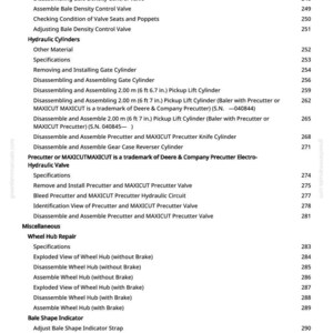 Puede incluir: Un &iacute;ndice detallado de greenfarmmanuals.com, con secciones como "Bale Density Control Valve", "Hydraulic Cylinders" y "Wheel Hub Repair". Los n&uacute;meros de p&aacute;gina se enumeran a la derecha.