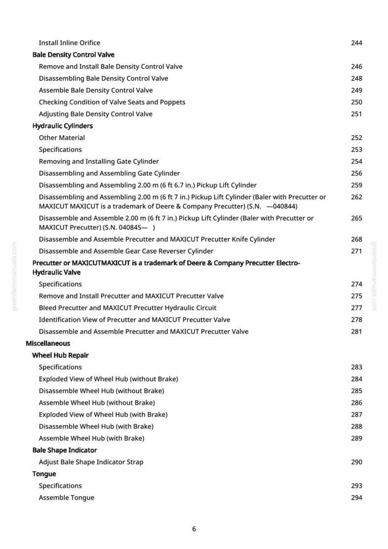 Puede incluir: Un &iacute;ndice detallado de greenfarmmanuals.com, con secciones como "Bale Density Control Valve", "Hydraulic Cylinders" y "Wheel Hub Repair". Los n&uacute;meros de p&aacute;gina se enumeran a la derecha.