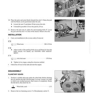 May include: A page from a manual detailing the removal and installation of a rear axle. The text includes instructions for loosening nuts, placing jacks, and removing components. Diagrams illustrate the steps.